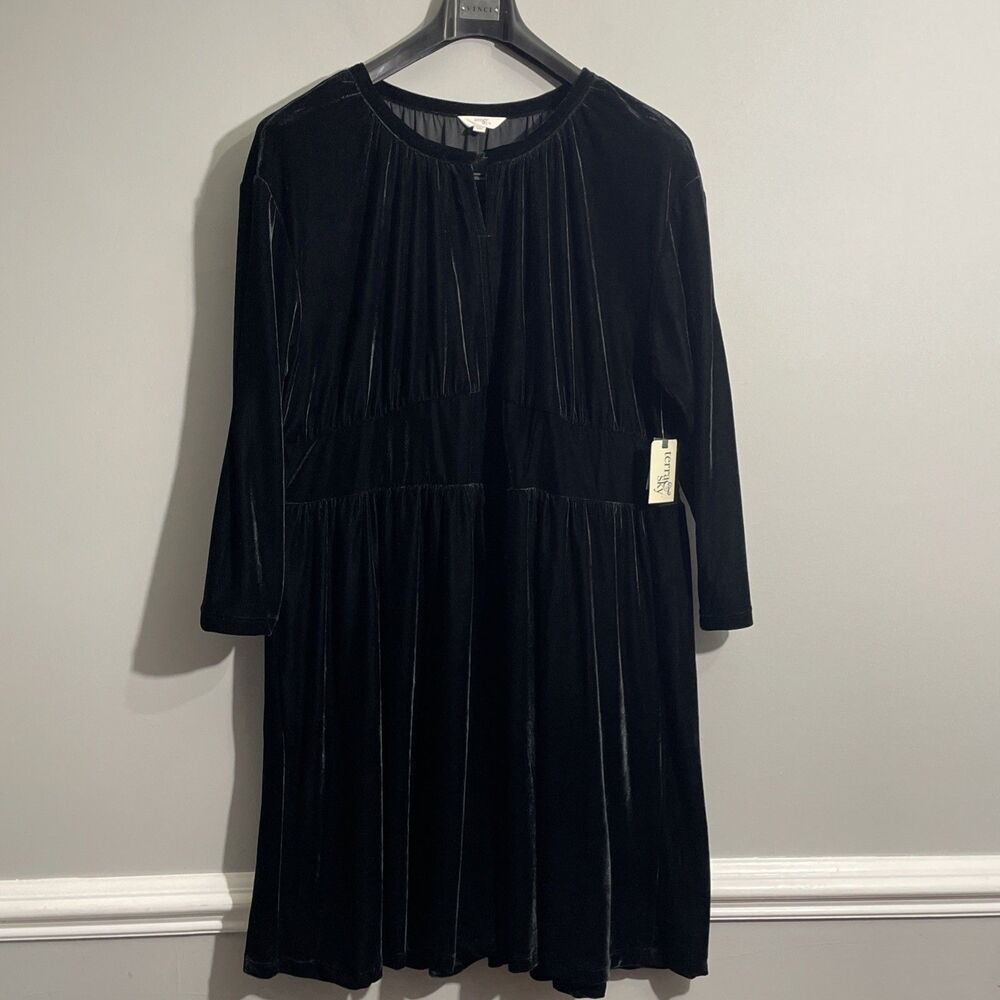 Terra & Sky Women’s 3X Black Velvet Dress Long Sleeve Plus Size 20/22W NWT